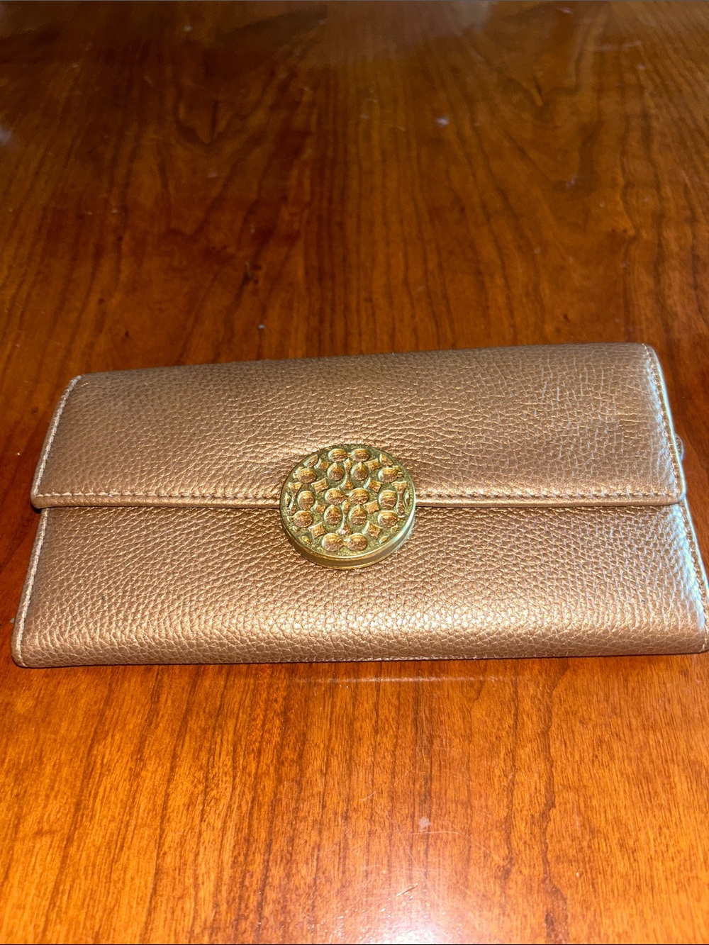Coach Metallic Rose Gold Leather Wallet with Gold Medallion